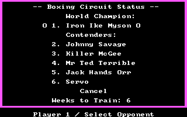 Star Rank Boxing II IBM PC/Compatibles Screenshot: Select an opponent.
