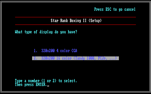 Star Rank Boxing II IBM PC/Compatibles Screenshot: Select graphics/display type.