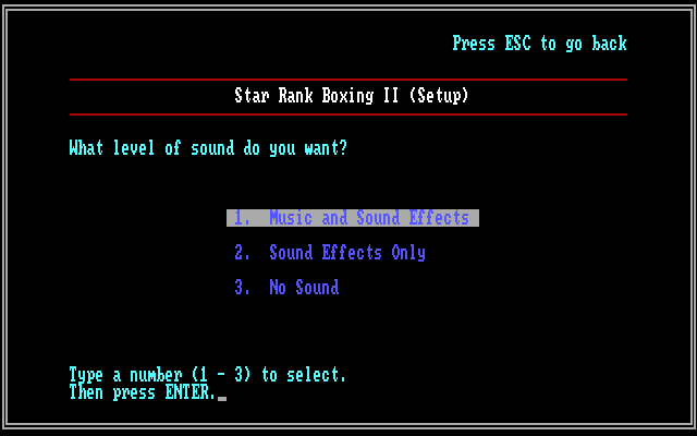 Star Rank Boxing II IBM PC/Compatibles Screenshot: Select music and sound options.