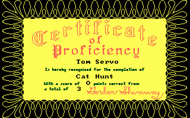 ALF's Thinking Skills IBM PC/Compatibles Screenshot: My first certificate in the game!