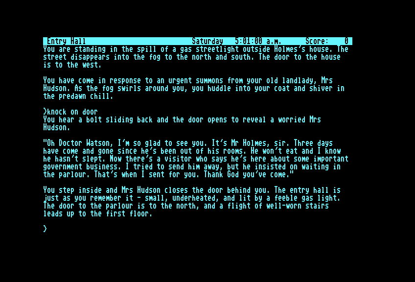Sherlock: The Riddle of the Crown Jewels Commodore 128 Screenshot: Knocked on the door, and entered the house...