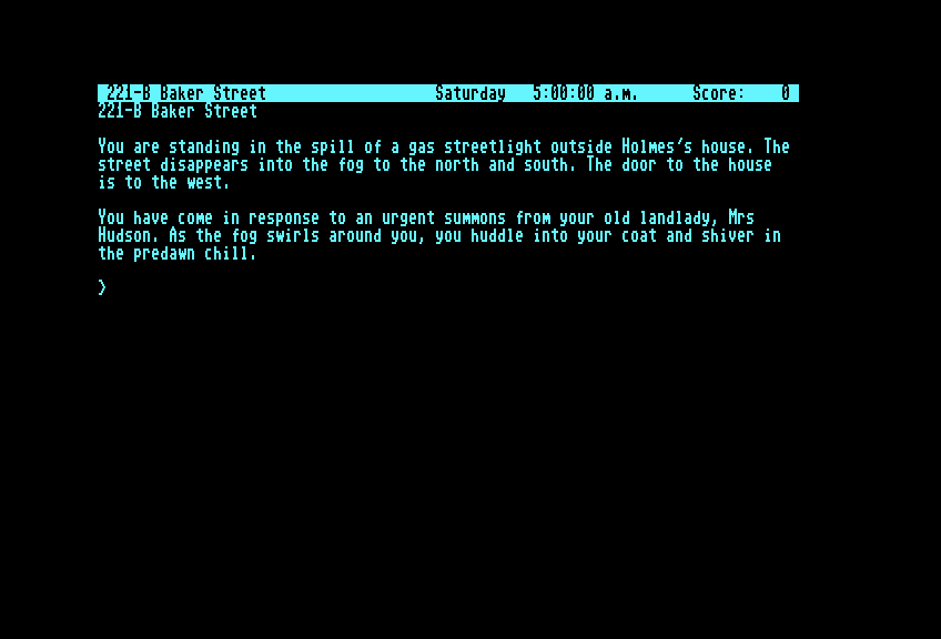 Sherlock: The Riddle of the Crown Jewels Commodore 128 Screenshot: The game begins here.