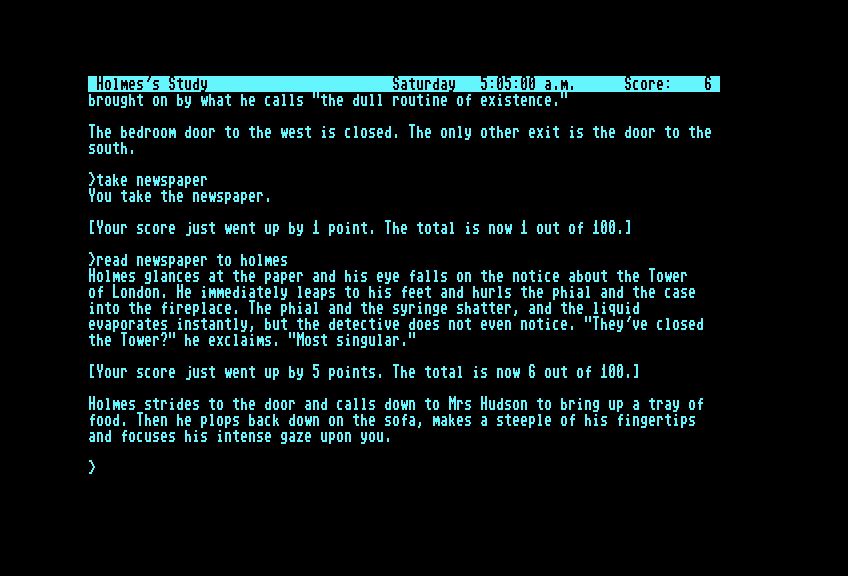Sherlock: The Riddle of the Crown Jewels Commodore 128 Screenshot: Reading a newspaper...