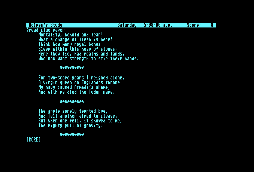 Sherlock: The Riddle of the Crown Jewels Commodore 128 Screenshot: We have a clue...