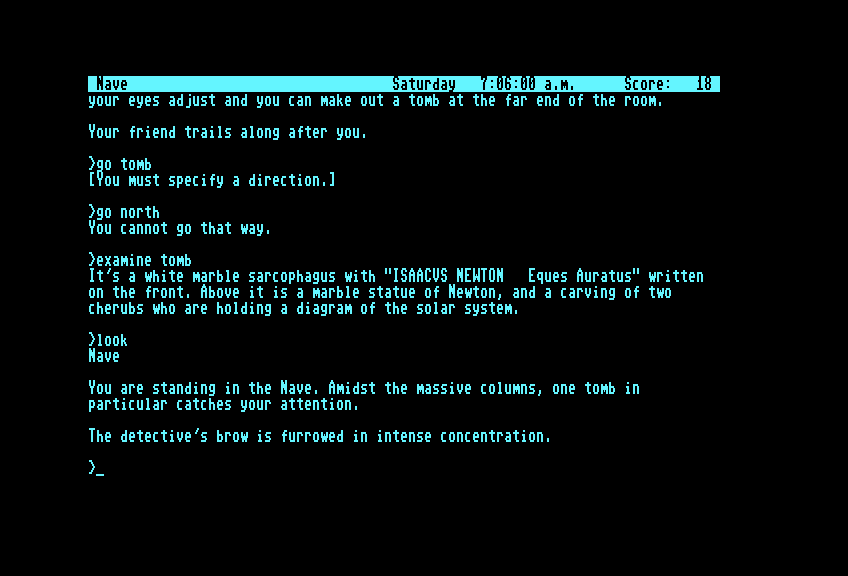 Sherlock: The Riddle of the Crown Jewels Commodore 128 Screenshot: Have we learned anything useful yet?