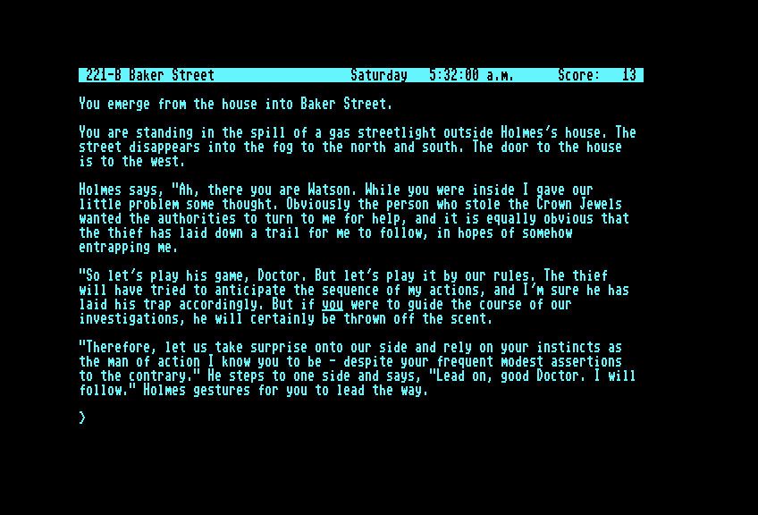 Sherlock: The Riddle of the Crown Jewels Commodore 128 Screenshot: We emerge onto Baker Street, and the adventure begins...