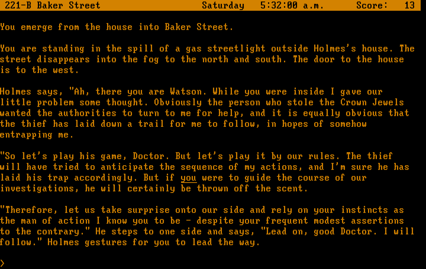 Sherlock: The Riddle of the Crown Jewels IBM PC/Compatibles Screenshot: Out on Baker Street, and the adventure begins!