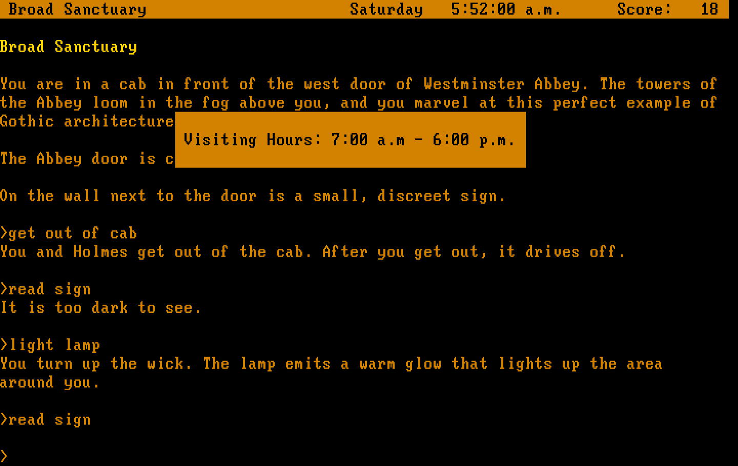 Sherlock: The Riddle of the Crown Jewels IBM PC/Compatibles Screenshot: Visiting hours aren't until 7:00 am...