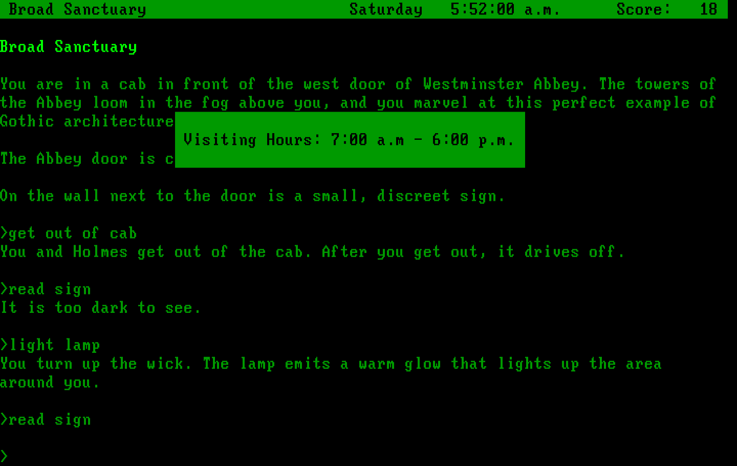 Sherlock: The Riddle of the Crown Jewels IBM PC/Compatibles Screenshot: Visiting hours aren't until 7:00 am...