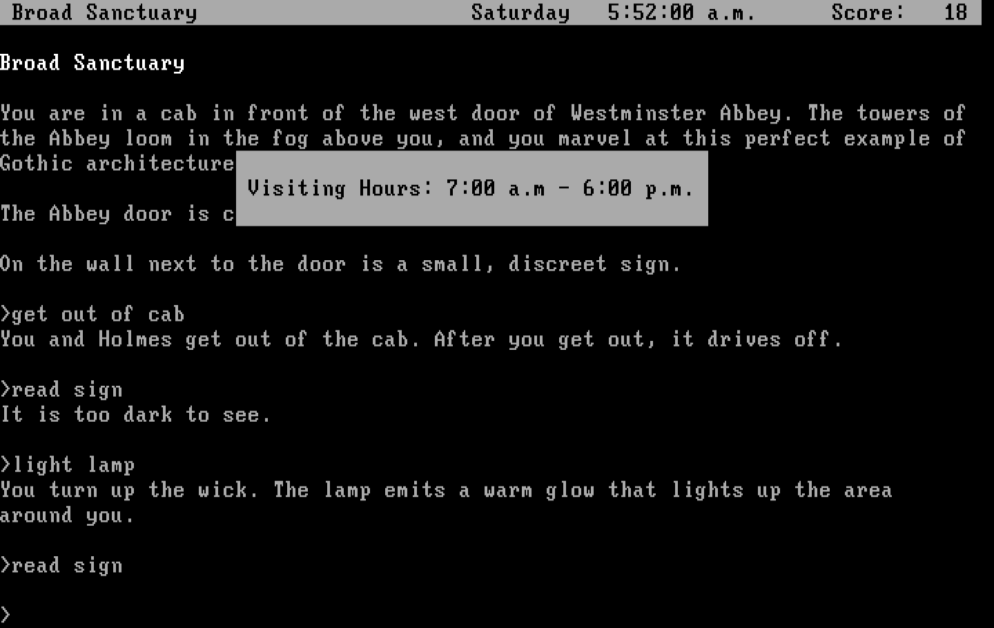 Sherlock: The Riddle of the Crown Jewels IBM PC/Compatibles Screenshot: Visiting hours aren't until 7:00 am...