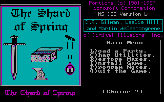 Shard of Spring IBM PC/Compatibles Screenshot: The main menu.