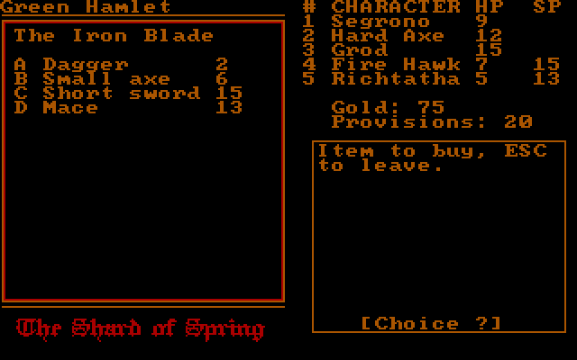 Shard of Spring IBM PC/Compatibles Screenshot: Buy some weapons here...