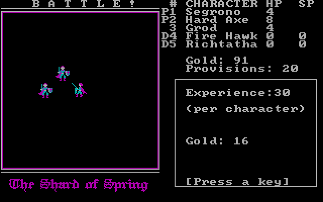 Shard of Spring IBM PC/Compatibles Screenshot: Battle won, and some experience earned...