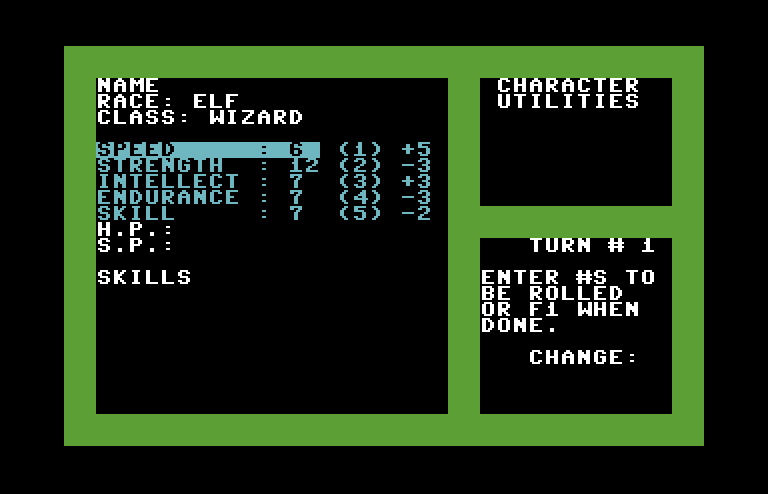 Shard of Spring Commodore 64 Screenshot: Creating a character.