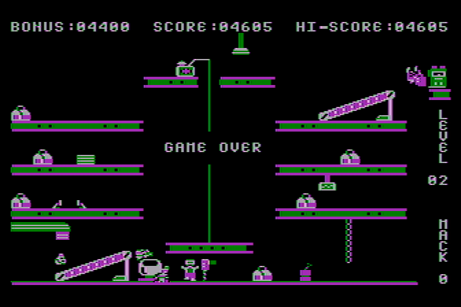 Hard Hat Mack Atari 8-bit Screenshot: Game over.