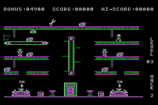 Hard Hat Mack Atari 8-bit Screenshot: Level 3 during the game demo.