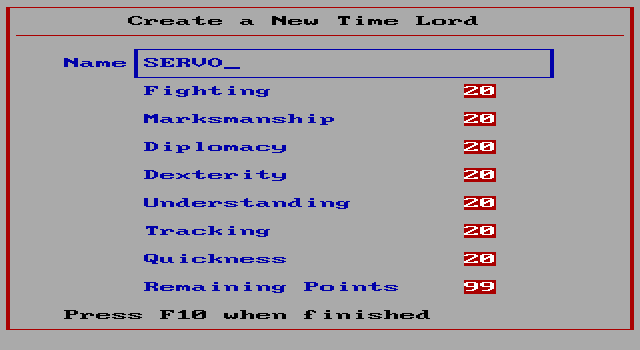 Alien Fires: 2199 AD IBM PC/Compatibles Screenshot: Create a new time lord.