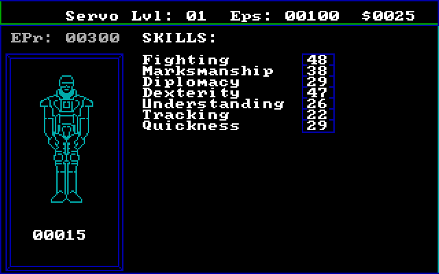 Alien Fires: 2199 AD IBM PC/Compatibles Screenshot: My stats menu.