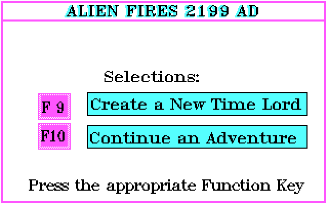 Alien Fires: 2199 AD IBM PC/Compatibles Screenshot: Continue? Or create a new character?