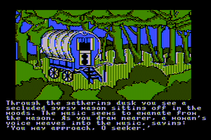 Ultima IV: Quest of the Avatar Atari 8-bit Screenshot: I found a gypsy woman in the woods...