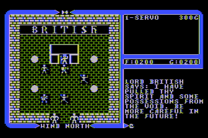 Ultima IV: Quest of the Avatar Atari 8-bit Screenshot: I lost...but Lord British has resurrected my character!