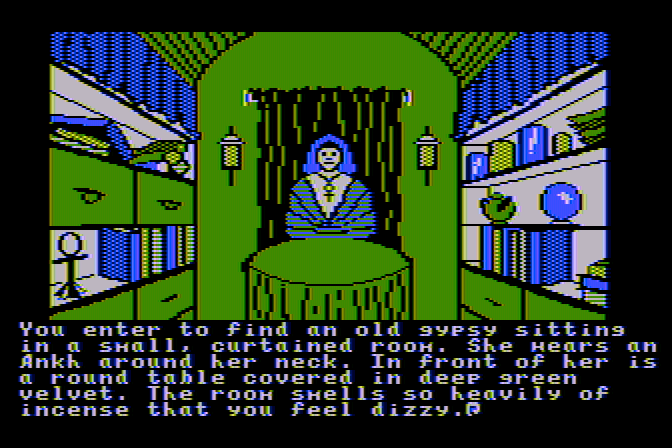 Ultima IV: Quest of the Avatar Atari 8-bit Screenshot: Talking to the gypsy woman...