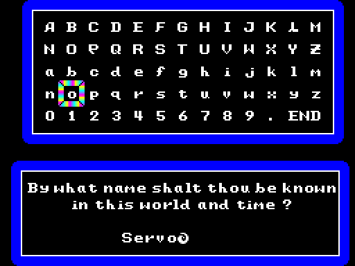 Ultima IV: Quest of the Avatar Sega Master System Screenshot: First, enter your name...