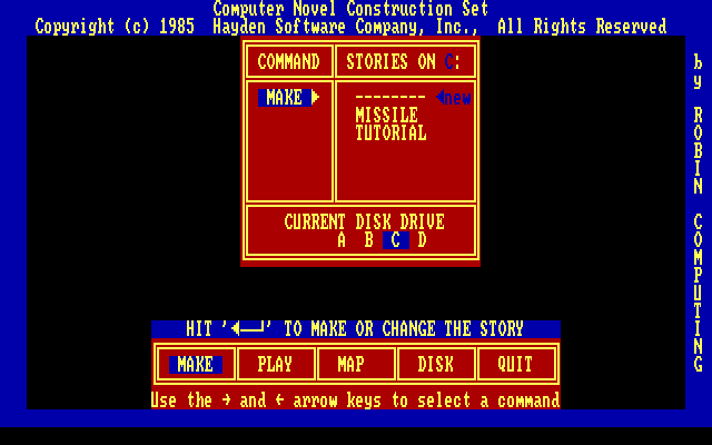 Computer Novel Construction Set IBM PC/Compatibles Screenshot: Title screen and main menu.