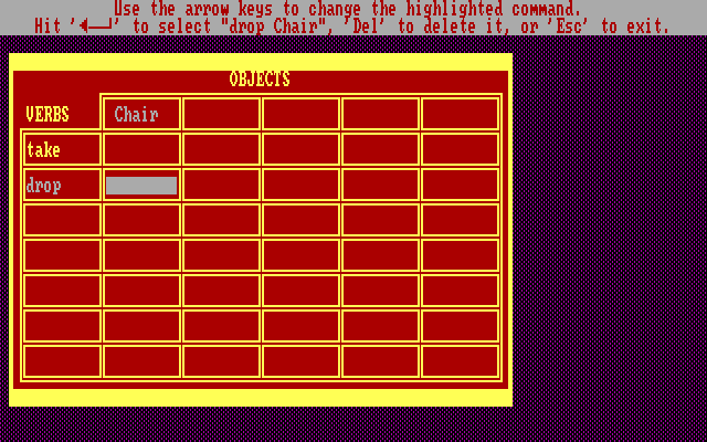 Computer Novel Construction Set IBM PC/Compatibles Screenshot: Commands can be associated with objects.