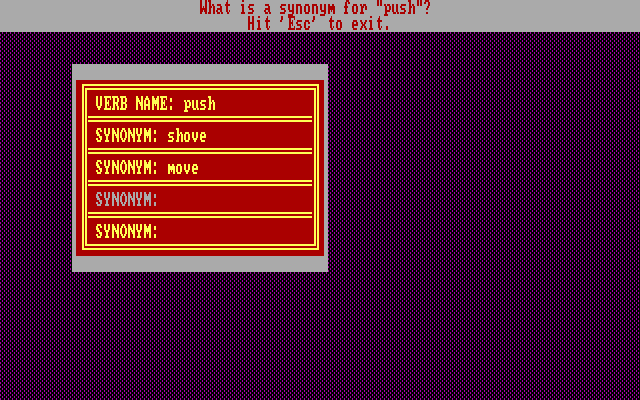 Computer Novel Construction Set IBM PC/Compatibles Screenshot: Creating a new verb for the game.