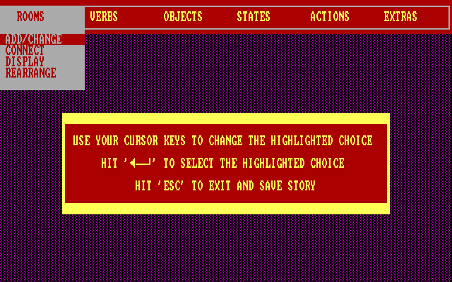 Computer Novel Construction Set IBM PC/Compatibles Screenshot: One of the construction menus; here you can add some rooms.