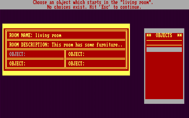 Computer Novel Construction Set IBM PC/Compatibles Screenshot: Defining a room for the story.