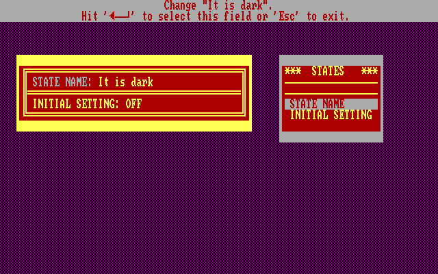 Computer Novel Construction Set IBM PC/Compatibles Screenshot: There are some states such as darkness that you can set.
