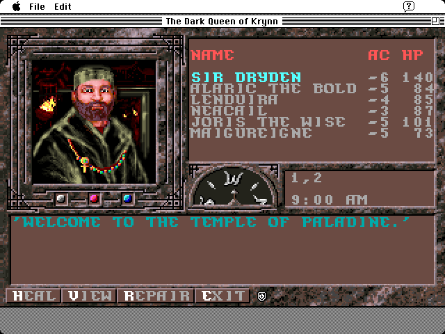 Dark Queen of Krynn, The Macintosh Screenshot: Visiting the temple.
