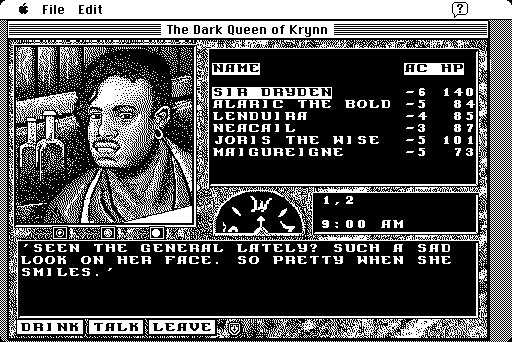 Dark Queen of Krynn, The Macintosh Screenshot: Sometimes people talk in the inn...a good place to collect information!