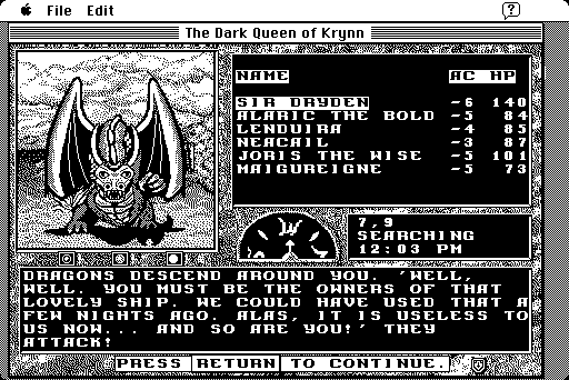 Dark Queen of Krynn, The Macintosh Screenshot: A dragon! Battle time...