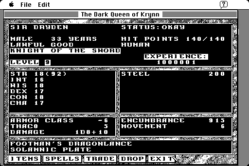 Dark Queen of Krynn, The Macintosh Screenshot: Current stats.
