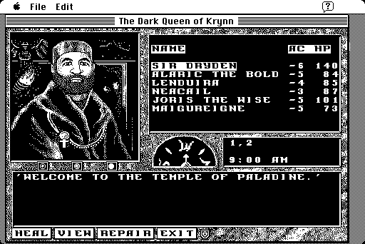 Dark Queen of Krynn, The Macintosh Screenshot: Visiting the temple.