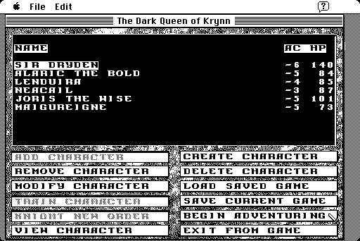 Dark Queen of Krynn, The Macintosh Screenshot: Setting up a new game.