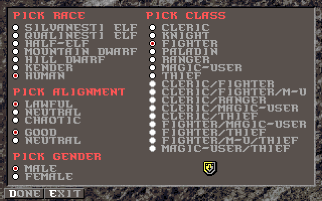 Dark Queen of Krynn, The IBM PC/Compatibles Screenshot: Creating a new character.