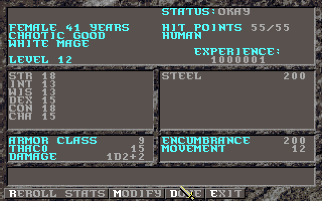 Dark Queen of Krynn, The IBM PC/Compatibles Screenshot: Character stats.