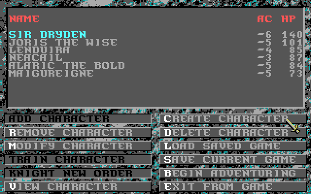 Dark Queen of Krynn, The IBM PC/Compatibles Screenshot: The main menu.