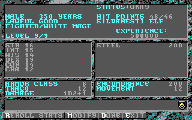 Dark Queen of Krynn, The IBM PC/Compatibles Screenshot: Character stats.