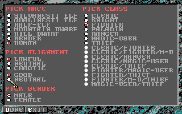 Dark Queen of Krynn, The IBM PC/Compatibles Screenshot: Creating a new character.