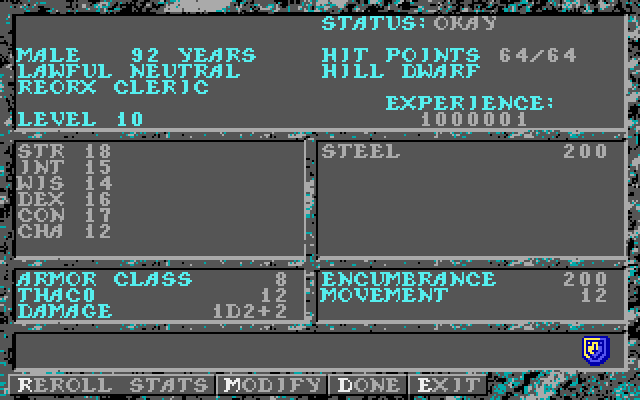 Dark Queen of Krynn, The Amiga Screenshot: Character stats.