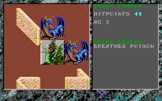 Dark Queen of Krynn, The Amiga Screenshot: The green dragon is attacking with poison...