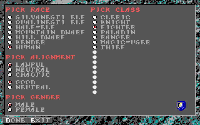 Dark Queen of Krynn, The Amiga Screenshot: Creating a new character.