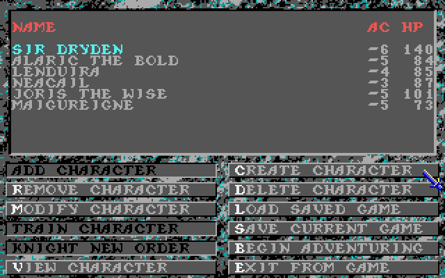 Dark Queen of Krynn, The Amiga Screenshot: The main game menu.