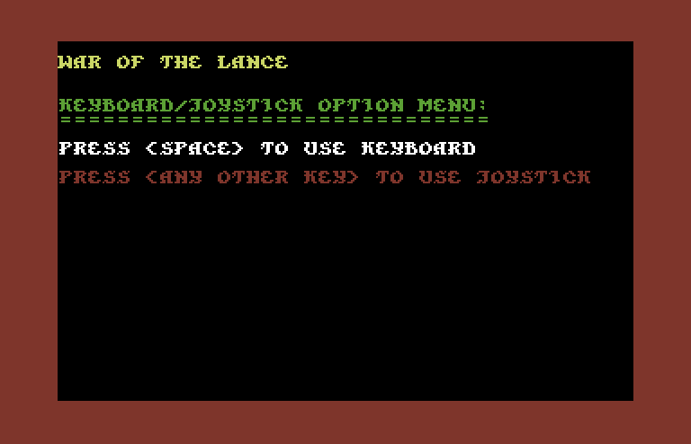 War of the Lance Commodore 64 Screenshot: Select keyboard or joystick...