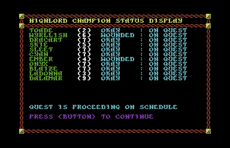 War of the Lance Commodore 64 Screenshot: The quest is still proceeding on schedule...